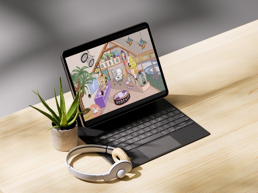 An Pad on a bureau with its screen on an image of Pixel Art Graphic Design Motion Design FromagenSinkyTofu YouTube Channel