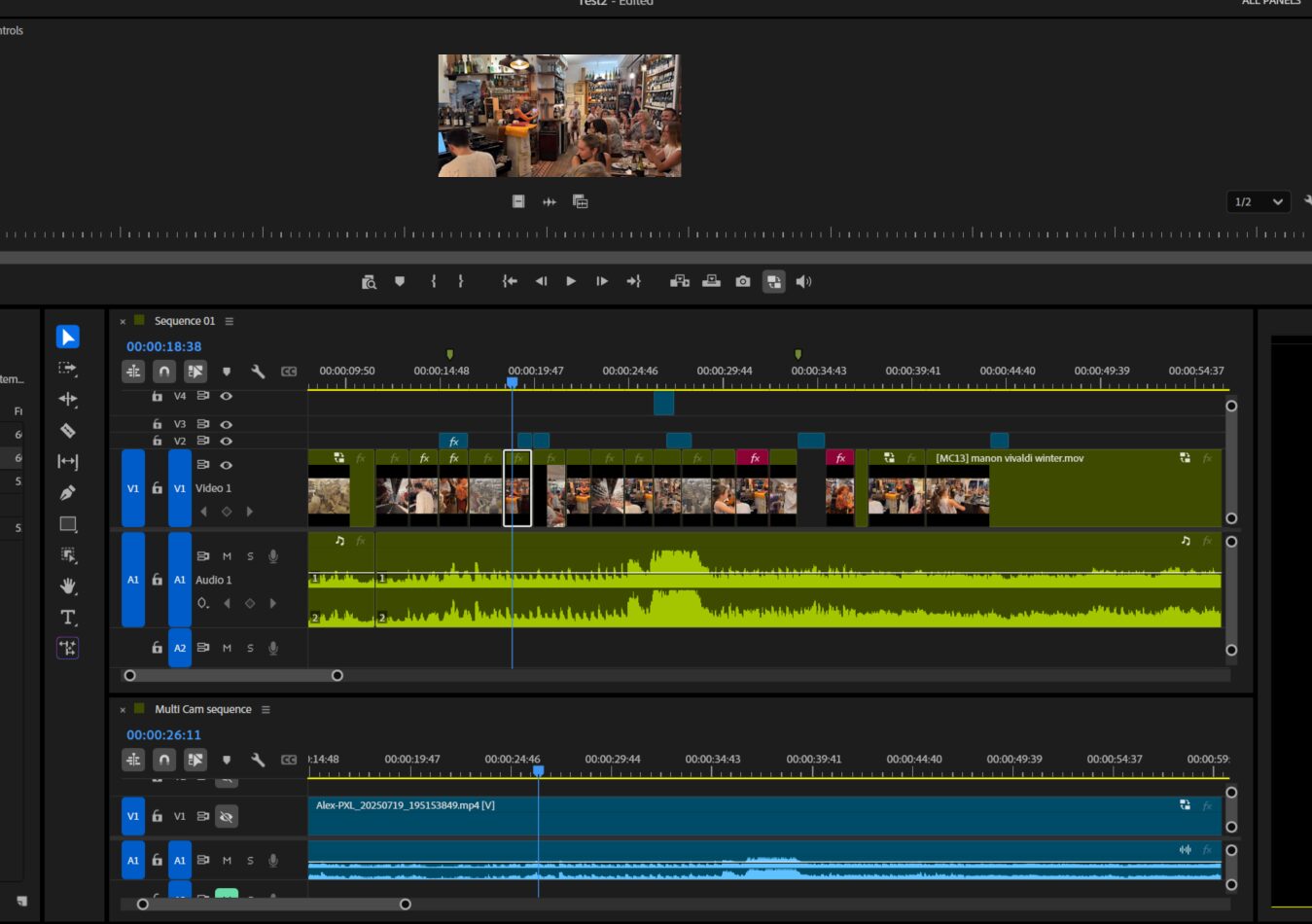 Two Timelines to syncronize perfectly music live session video Premiere pro